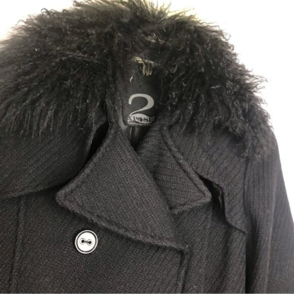 2 Xpose Boucle Pea Belted Coat Removable Fur Collar Pockets Texture Wool Short L - Picture 4 of 16
